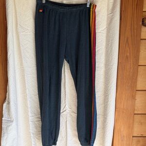 Aviator Nation blue sweatpants with Rainbow Stripe XL
